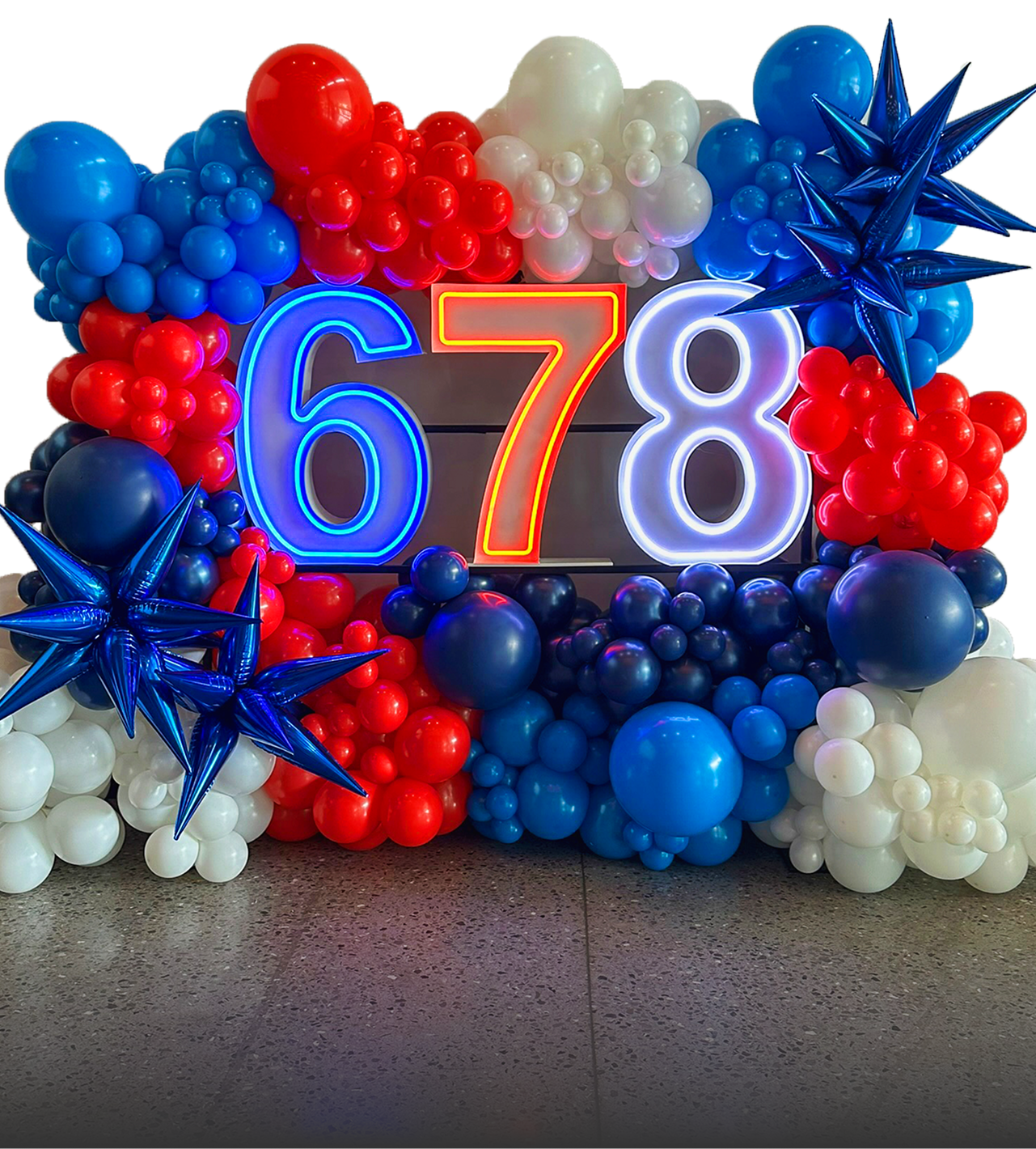 678 Marquee Sign with Red, White, Blue Balloons Display