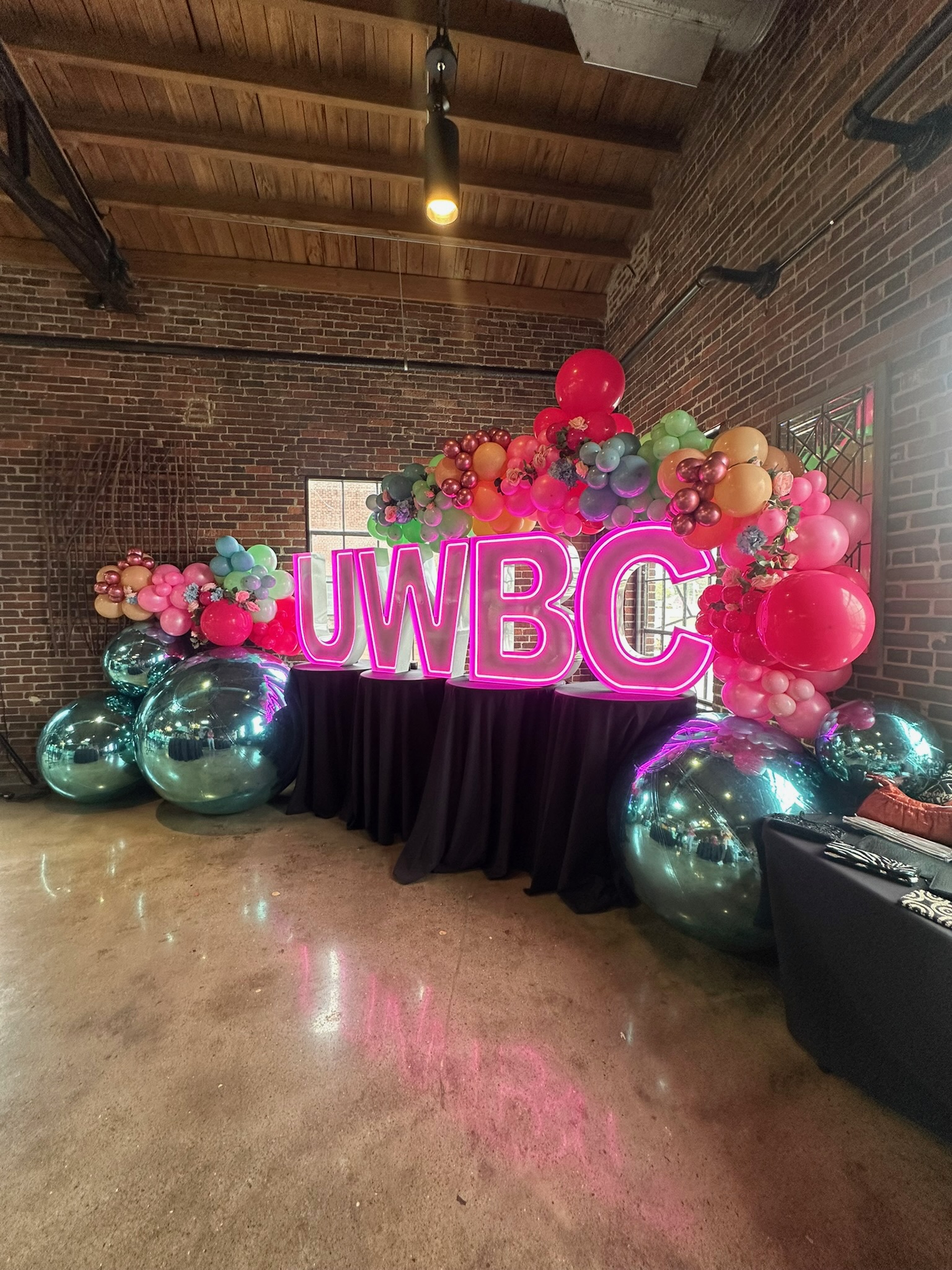 UWBC Marquee Signage Colorful Pink, Blue, Green, Tan Balloon Garland with Large Blue Chrome Balls